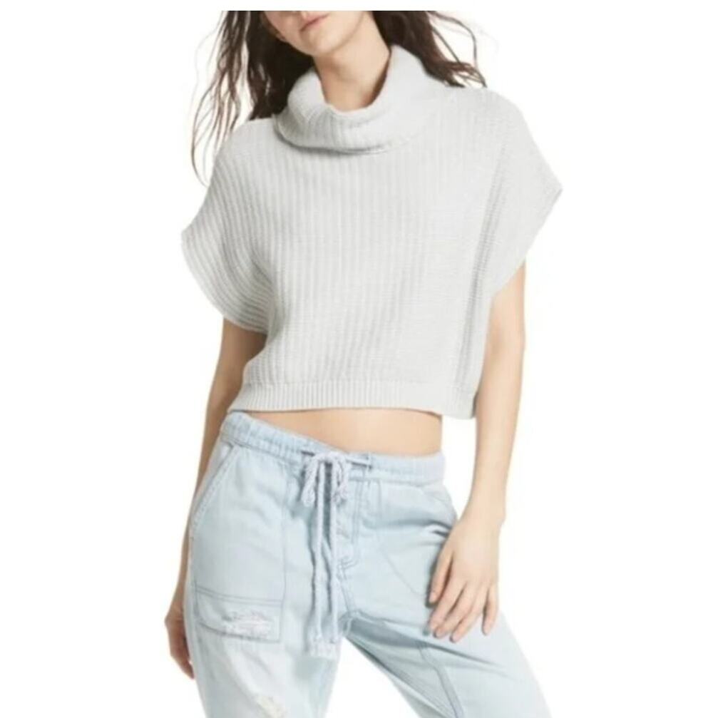 Free People Keep It Simple Cowl Neck Crop Sweater Top Dove Boxy Lounge Cozy